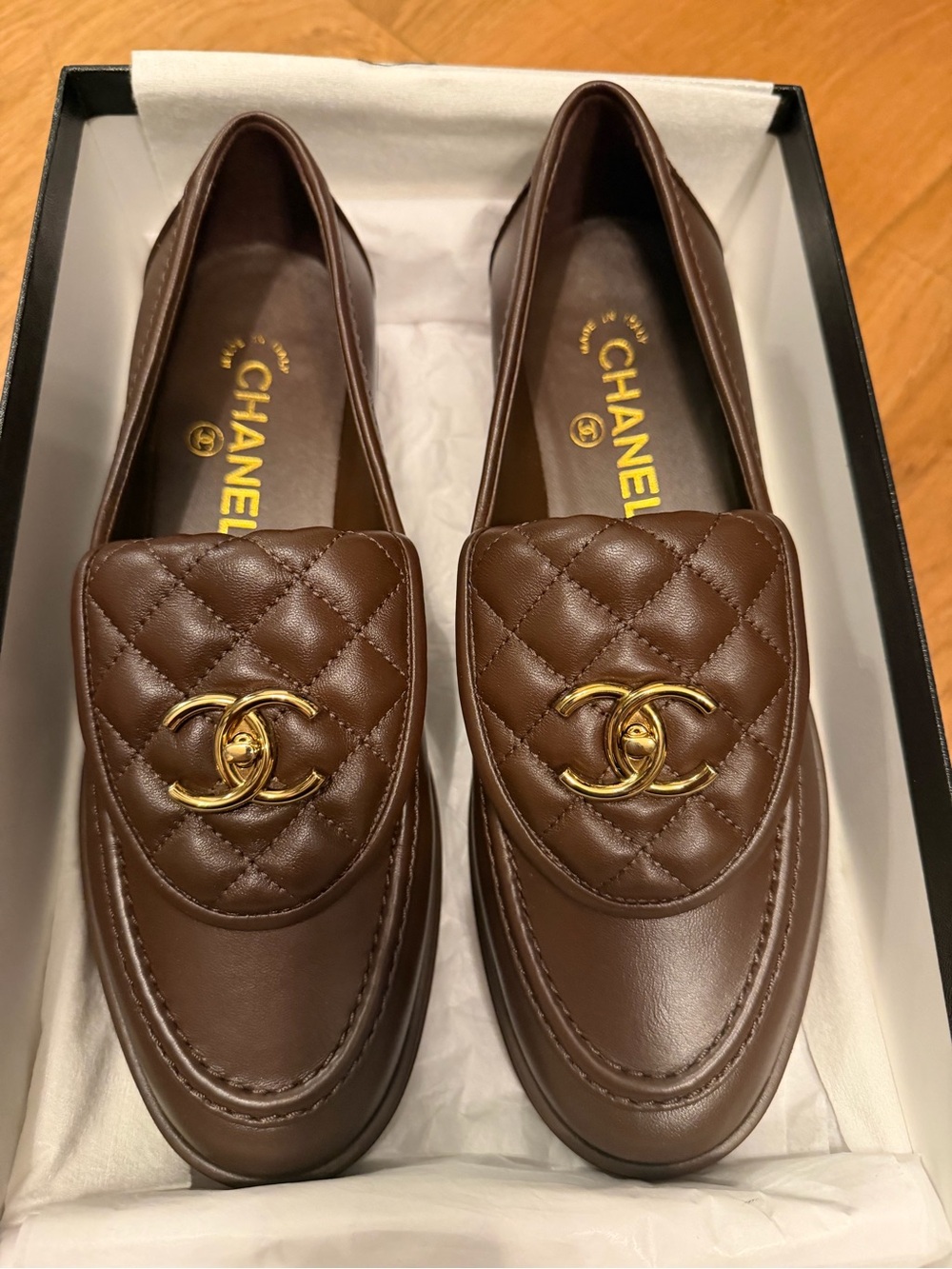 CHANEL Brown Quilted Leather Slip-On Loafers with Gold CC Emblem - Picture 2 of 6